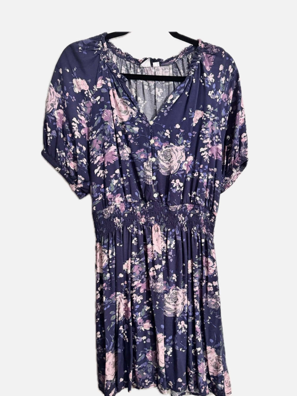GAP Navy Floral V-Neck Smocked-Waist Mini Dress with Pink Roses